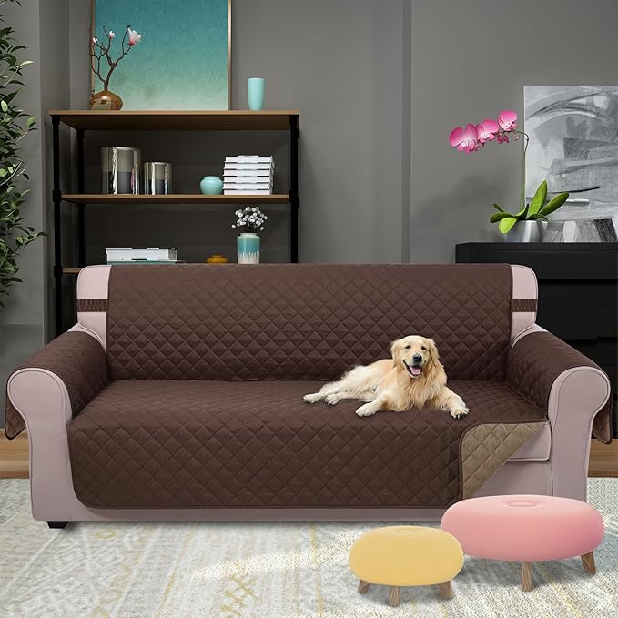 U-NICE HOME Reversible Sofa Cover Couch Cover for Dogs with Elastic Straps Water Resistant Furniture Protector for Pets Couch Cover for 3 Cushion Couch (Sofa, Chocolate/Taupe)