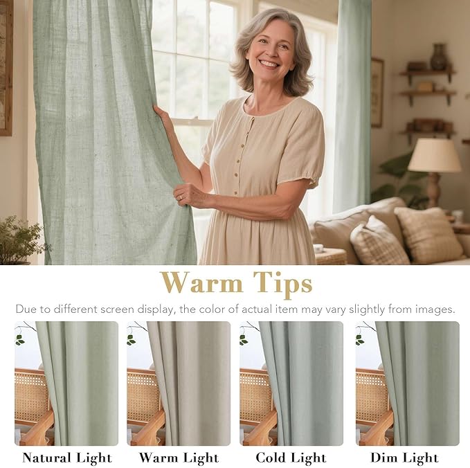 H.VERSAILTEX Elegant Natural Linen Blended Energy Efficient Light Filtering Linen Semi Sheer Textured Curtains/Nickel Grommet Window Treatments Panels/Drapes (Set of 2, Sage, 52 Inch x 45 Inch)