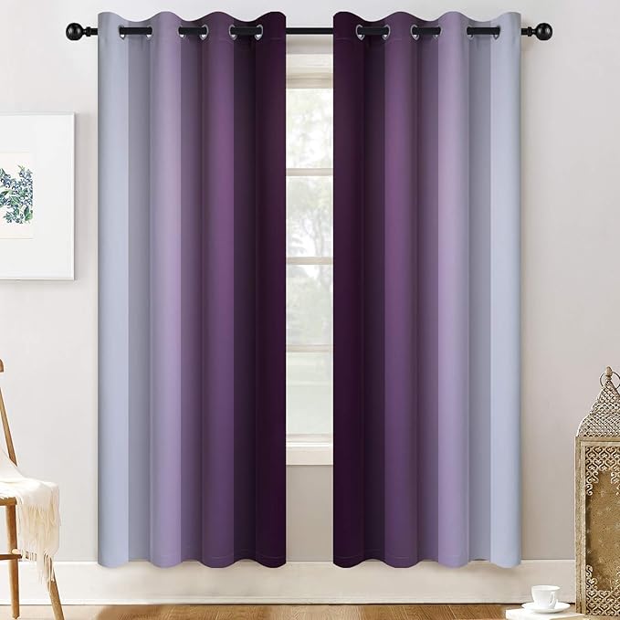 Yakamok Room Darkening Greyish White and Purple Ombre Curtains for Bedroom, Thickening Polyester Thermal Insulated Grommet Gradient Color Drapes for Living Room (52W x 72L / 2 Panels)