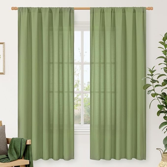 LAMIT Green Linen Curtains for Bedroom, Faux Linen Textured Light Filtering Drapes Rod Pocket Boho Neutral Room Decor Panels for Farmhouse/Living Room, 2 Panels, 52 x 72 Inch