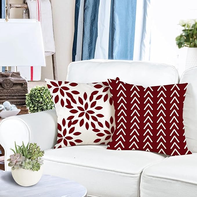 YCOLL Christmas Pillow Covers 20x20 Set of 4, Modern Sofa Throw Pillow Cover for Christmas Decor, Decorative Outdoor Linen Fabric Pillow Case for Couch Bed Car, Wine Red