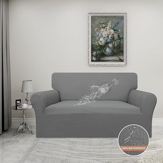 Easy-Going 100% Waterproof Oversized Loveseat Couch Cover, Dual Waterproof Sofa Cover, Stretch Jacquard Sofa Slipcover, Leakproof Furniture Protector for Kids, Pets, Dog and Cat, Grey