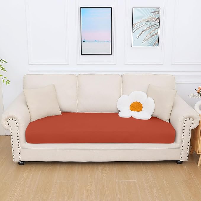 hyha Milk Silk Couch Cushion Covers, Soft Magic Sofa Covers Washable for 3 Cushion Couch, Stretch Sectional Outdoor Cushion Covers for Patio Furniture with Elastic Bottom(Large, Rust)
