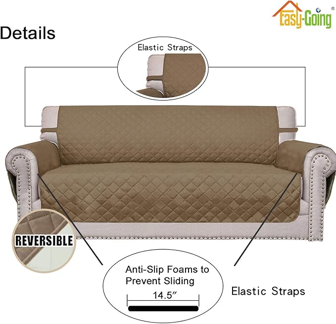 Easy-Going Reversible Oversized Couch Cover for 3 Cushion Couch Sofa Cover for Dogs Water Resistant Furniture Protector Cover with Foam Sticks for Pet (Oversized Sofa, Camel/Ivory)