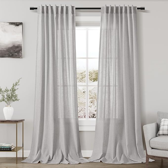 Grey Linen Back Tab Curtains 96 Inches Long 2 Panels Set for Living Room Sliding Glass Door Grey Semi Sheer Curtains Light Filtering Canvas Cloth Linen Drapes 96 Inch Floor to Ceiling Length