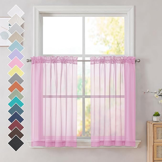 OVZME Light Pink Sheer Curtains 36 inch Length Kitchen Tiers Short Voile Curtains/Drapes Solid Sheers Cafe Curtains Voile Bathroom Small Half Window Curtains 2 Panels Set, Rod Pocket, 42" Wx36 L