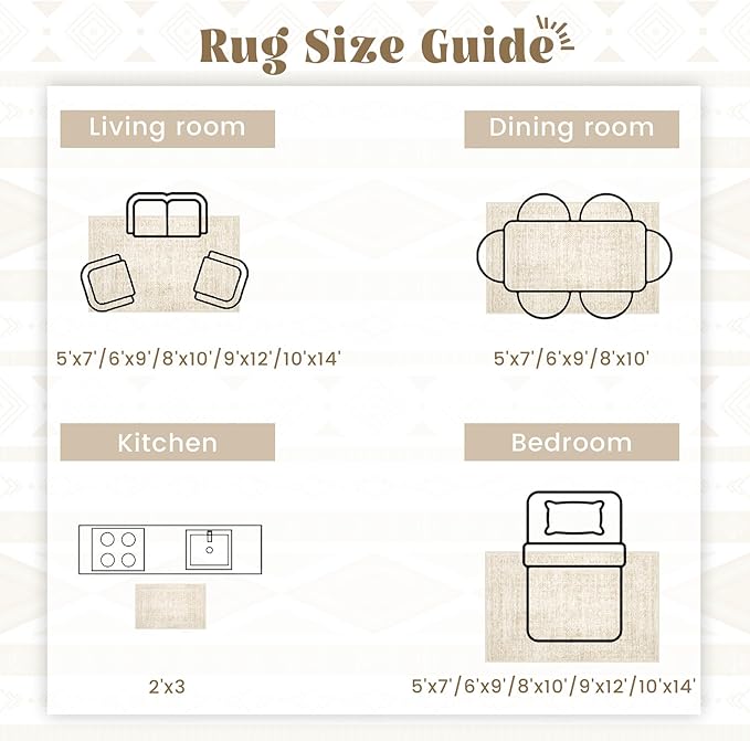 Living Room Rugs 10x14: Washable Moroccan Geometric Boho Rug Farmhouse Non Slip Stain Resistant Large Rug Low Pile Soft Carpet for Bedroom Dining Room Kids Room (Beige,10x14)