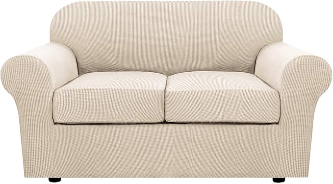 H.VERSAILTEX 3 Piece Stretch Sofa Covers for 2 Cushion Loveseat Couch Covers for Living Room Sofa Slipcovers (Base Cover Plus 2 Seat Cushion Covers) Thicker Jacquard Fabric(Medium Sofa, Natural)
