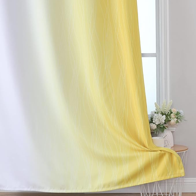 Estelar Textiler Yellow and Greyish White Gradient Blackout Curtains, Thermal Insulated Ombre Blackout Drapes for Bedroom, Room Darkening Energy Saving Curtains for Living Room, 52Wx84L, 2 Panels