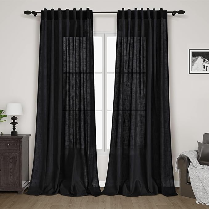 Nanspring Black Curtains 95 Inches Long 2 Panel Set Back Tab Sheer Black Linen Curtain Modern Farmhouse Muslin Look Cotton Textured Gauze Drapes 95 inch Length for Patio Sliding Door Office Bedroom