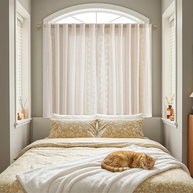 jinchan Belrose Linen Floral Cafe Curtains 54 Inch Length Embroidered Farmhouse Curtains for Kitchen Bedroom Bathroom Small Windows Curtain Set Light Filtering 2 Panels Ivory