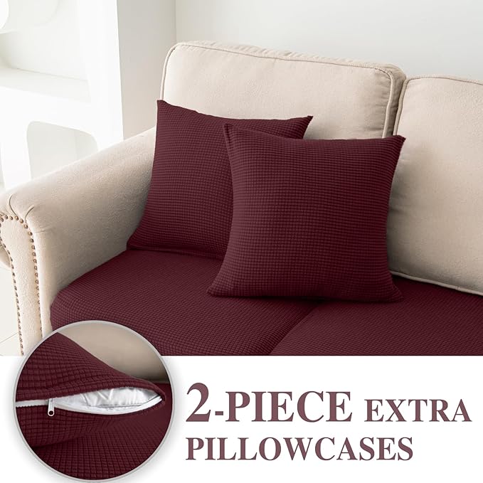 Couch Cushion Covers for Sectional Sofa L Shape Washable Separate Seat Chaise Couch Cover Stretch Sofa Slipcovers with 2 Pcs Pillowcases(2 Seater + 1 Chaise, Burgundy)