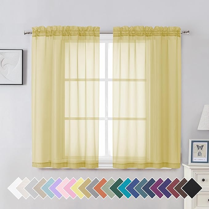 Aiyufeng Yellow Sheer Curtains 45 Inch Length 2 Panels Set, Light Filtering Yellow Window Curtain Drapes Treatment for Kitchen, Bedroom,Children Room, Dual Rod Pocket, 2 Pack of 42 x 45"