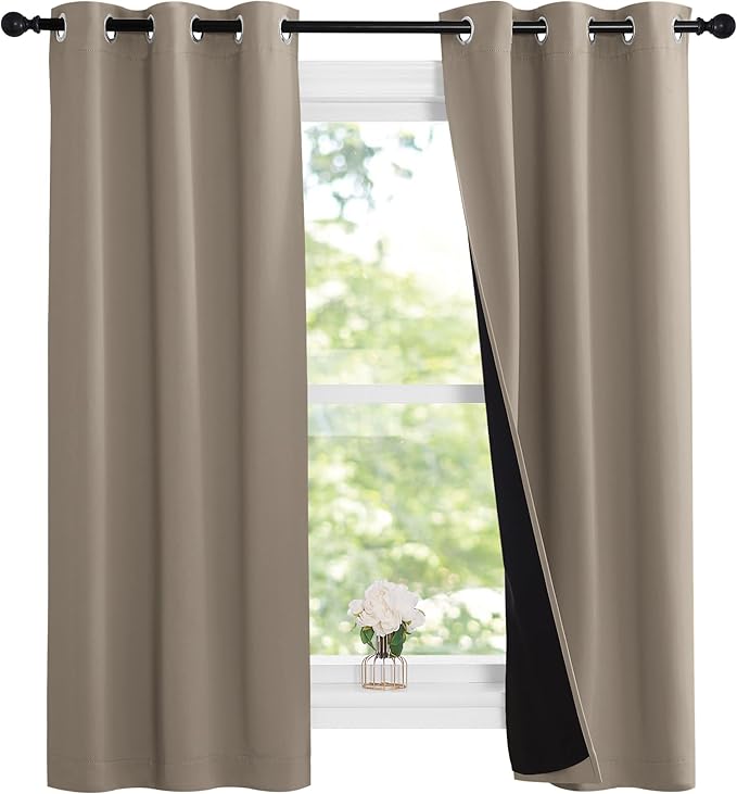 NICETOWN 100% Blackout Short Curtains with Black Liners, 2 Panels, 37" W by 60" L, Taupe, Solid Thermal Insulated Full Blackout 2-Layer Lined Drapes, Energy Efficiency Window Draperies for Bedroom