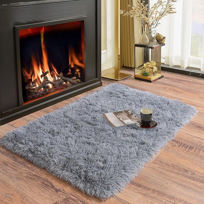 Soft Runner Rugs for Bedroom Hallways, 2 Packs 2x3 Grey Fluffy Shag Throw Area Rug Non Slip for Bedside Dorm, Long Shaggy Furry Carpet for Nursery Living Room