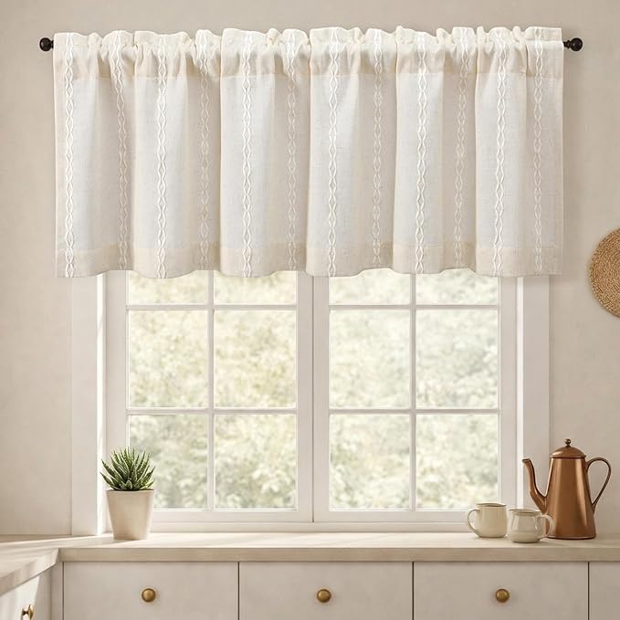 Boho Kitchen Valance for Windows, Beige Linen Blend Textured Fabric with Cotton Embroidery Vintage Western Rustic Style Light Filtering Rod Pocket Window Treatment, 52 x 18 Inch, 1 Panel