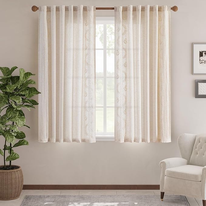 jinchan Belrose Linen Curtains for Bedroom Floral Curtains 72 Inch Length Linen Blend Ivory Embroidered Drapes Farmhouse Flower Patterned Drapes for Living Room Window Treatments Set 2 Panels