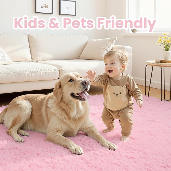 8x10 Area Rugs for Living Room Rug: Soft Fluffy Shag Light Pink Rugs for Bedroom, Non-Slip Large Fuzzy Plush Rug Indoor Floor Carpet for Nursery Kids Boys Girl Room, Dorms, Playroom, Modern Home Decor