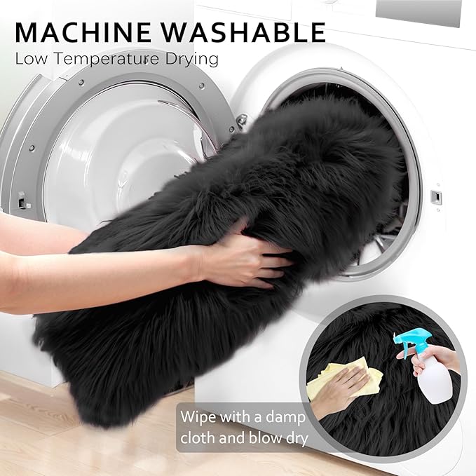 Ciicool Ultra Soft Faux Sheepskin Fur Rug Fluffy Chair Rug for Sofa Couch Seat Cushion.Shaggy Furry Small 2x4 Black Bedroom Fuzzy Carpet for Living Room Kid's Room Nursery Decor