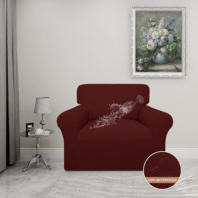 Easy-Going 100% Waterproof Chair Couch Cover, Dual Waterproof Sofa Cover, Stretch Jacquard Sofa Slipcover, Leakproof Furniture Protector for Kids, Pets, Dog and Cat (Chair, Wine)