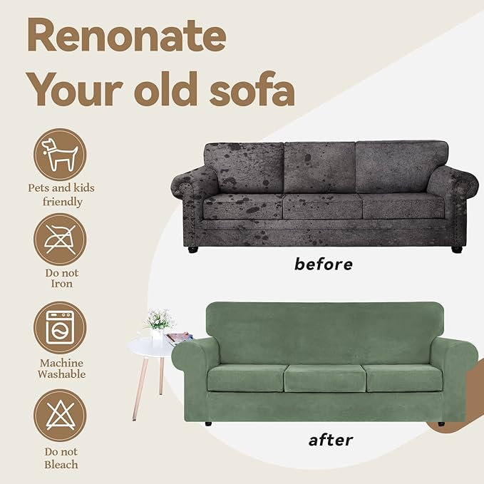 WEERRW 4 Pieces Velvet High Stretch Couch Covers for 3 Cushion Couch Sofa Slipcovers, Washable Furniture Protector with Non Slip Elastic Bottom, Feature Soft Plush Fabric, Greyish Green, Large