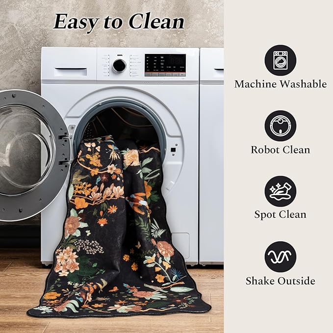 Rugflix Scalloped Floral Rug for Entryway, 2x3 Washable Non-Slip Kitchen Area Rugs, Small Low Pile Indoor Door Mat, Soft Entrance Carpet for Bathroom Bedroom, Dark Black