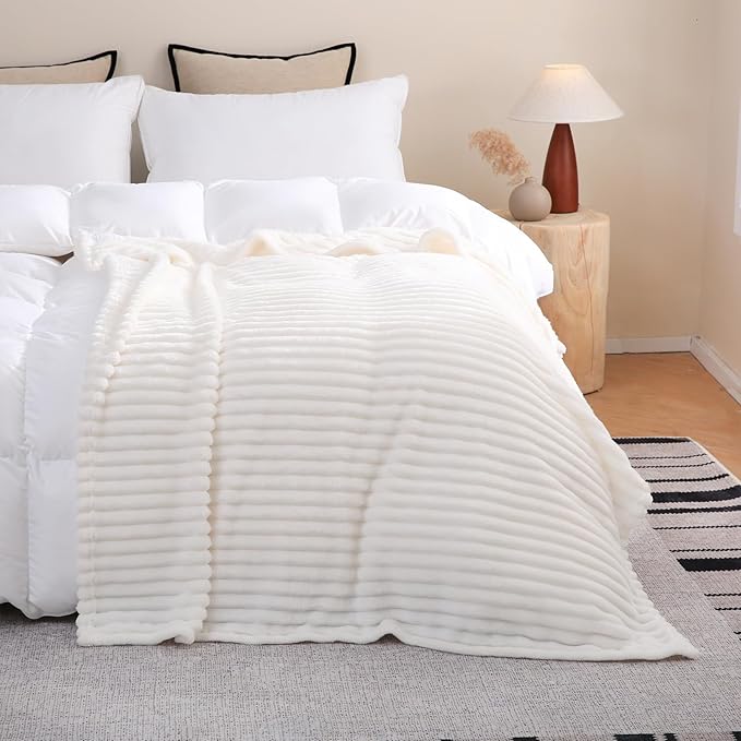 White Fleece Throw Blanket 50”×70” for Couch Sofa Bed,Super Soft Cozy Plush Microfiber Flannel Blanket with Stripes Design Lightweight for Adults,Woman,Girls