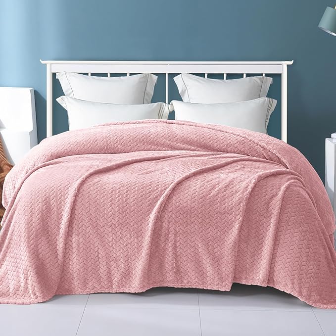 Exclusivo Mezcla Fleece Queen Size Blanket for Bed, 90x90 Inches Soft Cozy Jacquard Flannel Blankets, Lightweight Fuzzy Plush Warm for Women, Pink