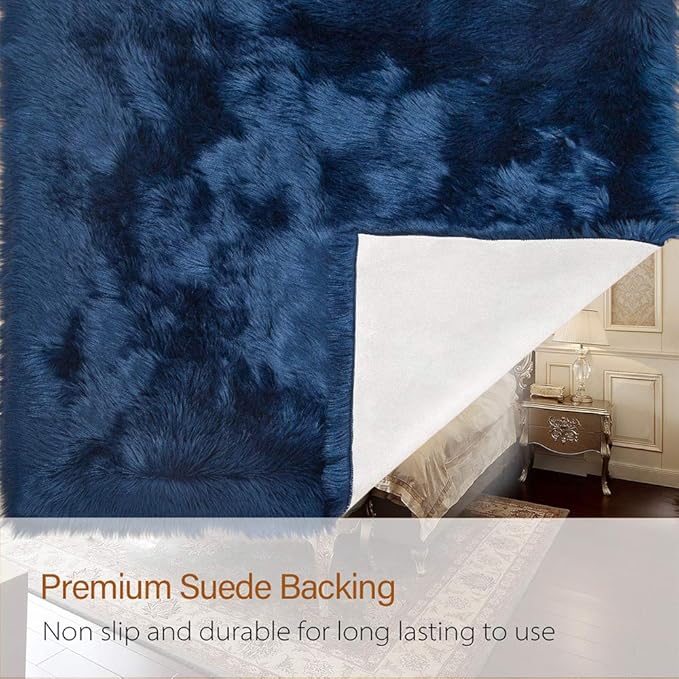 LOCHAS Soft Fluffy Faux Fur Rugs for Bedroom Bedside Rug 2x3 Feet, Washable, Furry Sheepskin Area Rug for Living Room Girls Room, Luxury Shag Carpet Home Decor, Light Navy
