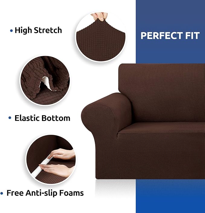 KEKUOU Stretch Sofa Cover Slipcover ，Couch Covers for 3 Cushion Couch Sofa pet Friendly (78"-94") Furniture Protector Sofa with Elastic Bottom for Kids,Dog, Jacquard Small Checked(Large,Chocolate)
