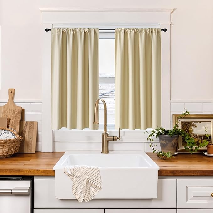 RYB HOME 100% Blackout Short Curtains for Small Window, Thermal Insulated Total Room Darkening Noise Reducing Curtains for Kitchen Bathroom Basement, 34 inches Wide by 45 inches Long, Biscotti Beige