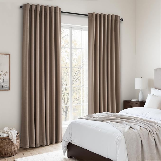 Topfinel 90 inch Long Linen Blackout Curtains 2 Panels for Bedroom Living Room 100% Black Out Linen Texture Curtain Elegant Farmhouse Window Drapes with Back Tab Rod Pocket Room Darkening Drape Taupe