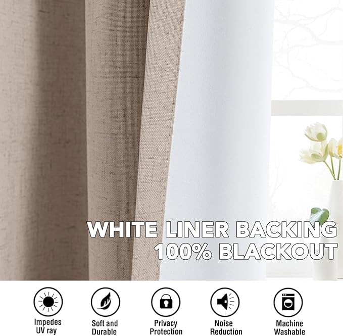 H.VERSAILTEX Linen Curtains 100% Blackout Curtains for Bedroom 102 inch Long Full Light Blocking Nature Linen Blended Window Curtains for Living Room Nickel Grommet (2 Panels, Heathered Sand)