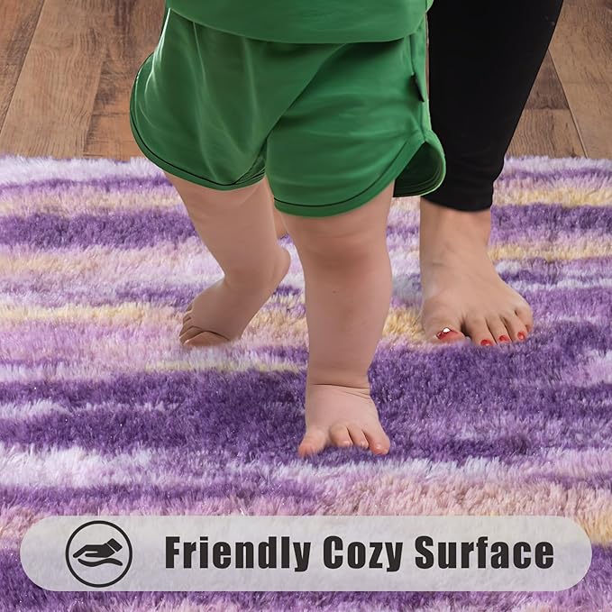 Soft Runner Rugs for Bedroom Hallways, 2x5 Abstract Purple Fluffy Shag Throw Area Rug Non Slip for Bedside Dorm, Long Shaggy Furry Carpet for Nursery Living Room