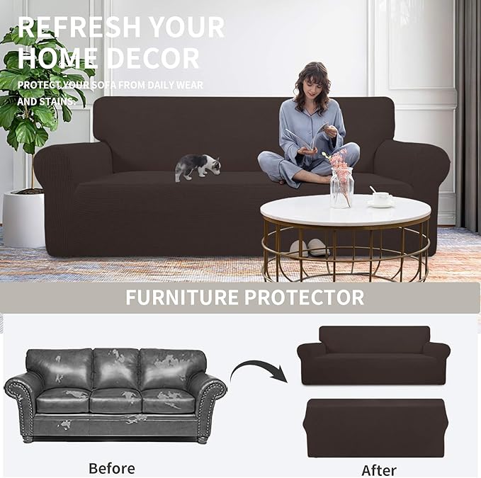 Easy-Going Stretch Oversized Chair Sofa Slipcover 1-Piece Couch Sofa Cover Furniture Protector Soft with Elastic Bottom for Kids Spandex Jacquard Fabric Small Checks Chocolate