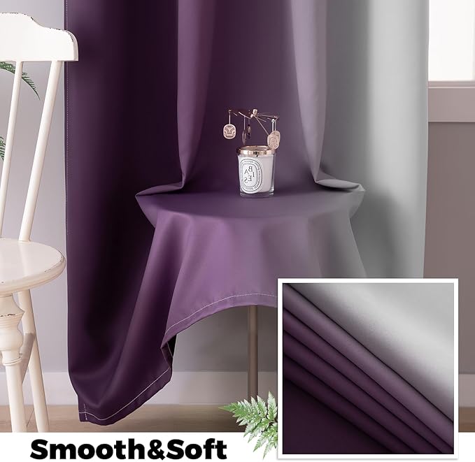 Yakamok 100% Blackout Curtains 84 Inch Length 2 Layers,Purple Curtains for Bedroom Ombre Room Darkening Grommet Gradient Drapes, Light Blocking Thermal Insulated Window Curtains for Living Room