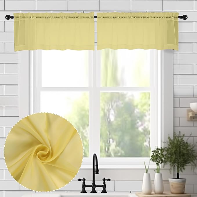 Chyhomenyc Mustard Yellow Sheer Valances for Windows - Light Filtering Small Kitchen Curtains, Short Top Window Treatment Decor for Living Room Bathroom Basement, 42Wx14L inches, 2 Pack