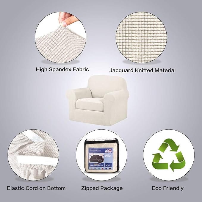 H.VERSAILTEX 2-Pieces Armchair Cover Chair Slipcovers with Arms Furniture Protector Cover Fit Width Up to 47 Inch, Jacquard Spandex Polyester Couch Covers Armchair Slipcover - Ivory, Chair