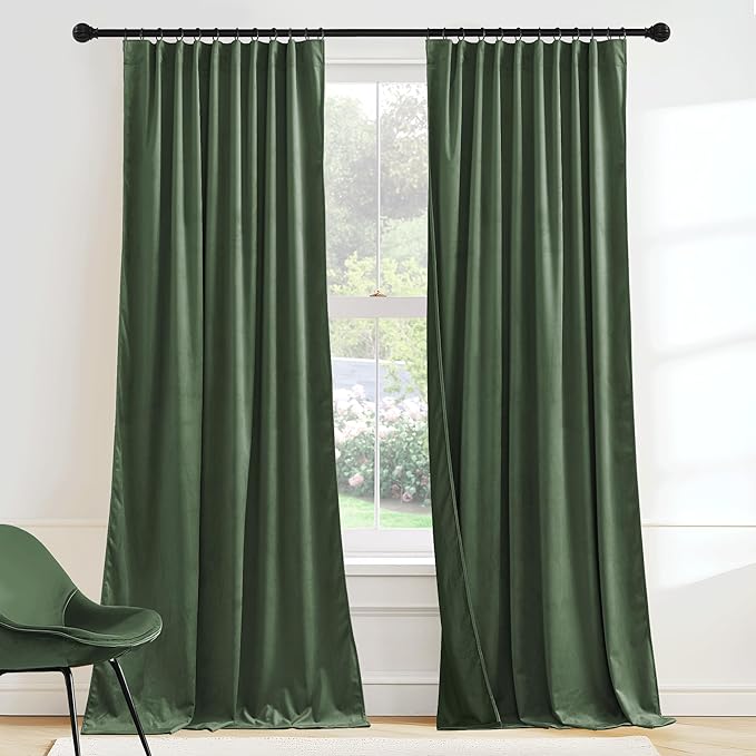 RYB HOME Elegant Green Velvet Curtains 84 inches Long, Light Blocking, Thermal Insulated, Stylish Velvet Drapes with Hook Belt for Cozy Home Aesthetics, 52" W x L96 L, 2 Panels Set