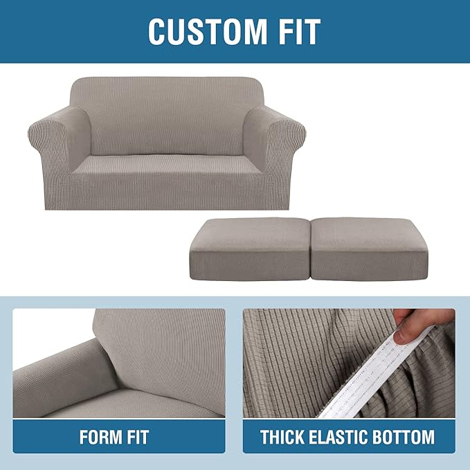 H.VERSAILTEX 3 Piece Stretch Sofa Covers for 2 Cushion Loveseat Couch - Thicker Jacquard Fabric (Medium Sofa, Taupe)