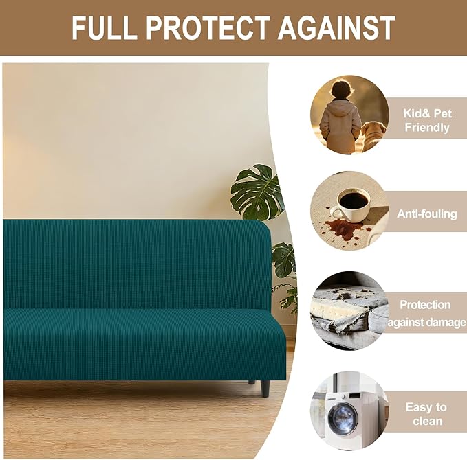 U-NICE HOME Stretch Futon Cover Armless Bed Slipcover - Soft Jacquard Fabric Washable for Pet Friendly, Blue