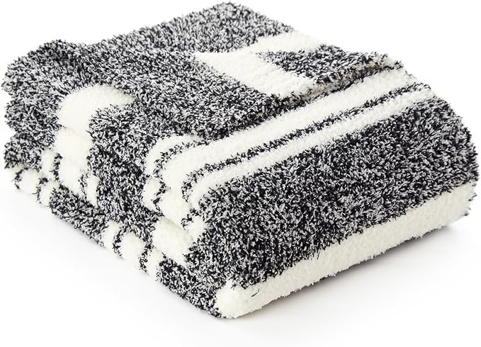 Snuggle Sac Heather Throw Blanket for Couch, Reversible Super Soft Blankets Warm Cozy Knit Fuzzy Plush Lightweight for Sofa, Bed, Camping, Picnic (Stripe Black, Queen (90"x90"))