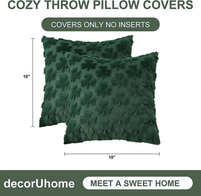 decorUhome St. Patrick’s Day Shamrock Green Pillow Covers 18x18 Inch Set of 2, Soft Plush Faux Wool Throw Pillow Covers, Farmhouse Spring Holiday Decor for Sofa Living Room