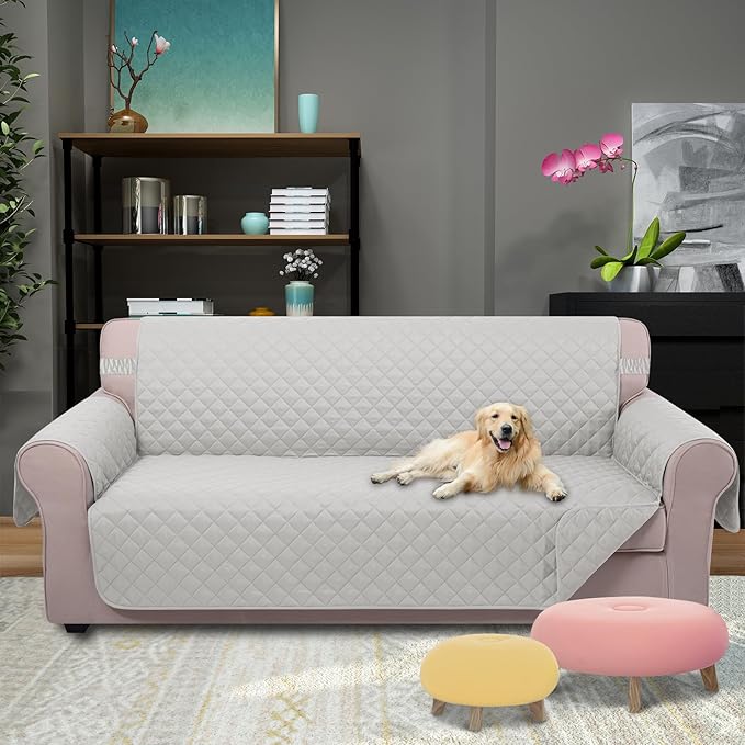 U-NICE HOME 4 Seater Sofa Cover 91 Inch Large Couch Covers for 4 Cushion Couch with Elastic Straps Water Resistant Furniture Protector Cover for Pets Cat (Sofa XX-Large, Light Grey/Light Grey)