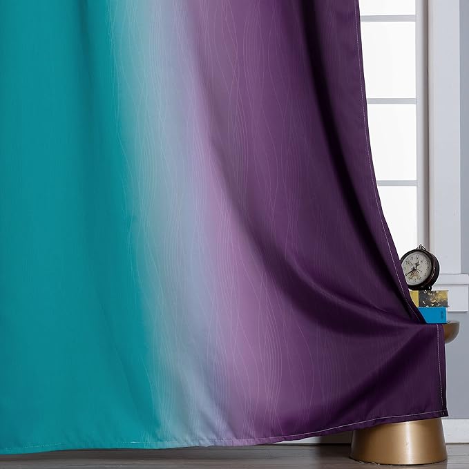 Teal and Purple Gradient Curtains 63 Inch Length 2 panels, Ombre and Wavy Line Pattern Blackout Curtains for Kids Room, Full Light Blocking Thermal Insulated Grommet Drapes for Bedroom, 42x63 Inch