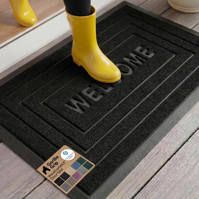 GORILLA GRIP 100% Waterproof All-Season WeatherMAX Doormat, US Designed Natural Rubber, Stain and Fade Resistant, Low Profile Indoor Outdoor Door Mats, Easy Clean Patio Mat, 29x17, Black Welcome