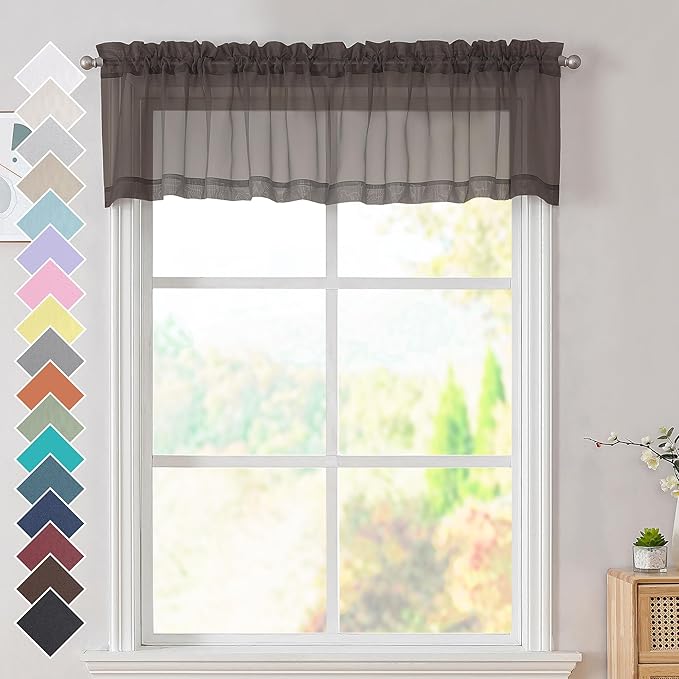 OVZME 2 Panels Chocolate Brown Sheer Valance - Short Fresh Sheer Curtain Valances for Windows Basement Semi Sheer Valances for Kitchen Window Dressing with Dual Rod Pocket, 42" Wx14 L