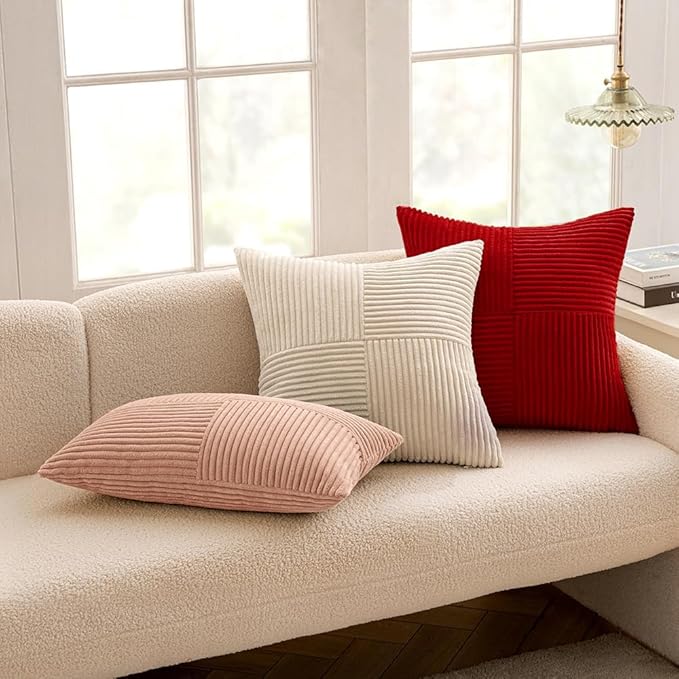 MIULEE Christmas Red Decorative Lumbar Throw Pillow Covers 12x20 Inch for Couch Bed Sofa Pack of 2 Boho Farmhouse Throw Pillows Soft Cross Corduroy Patchwork Textured Cushion Cases
