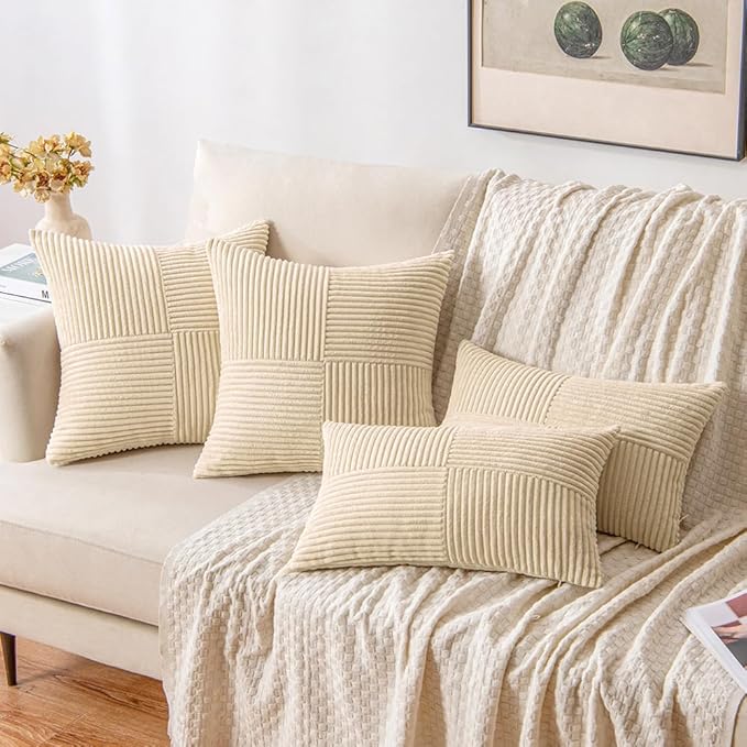 MIULEE Cream Decorative Lumbar Throw Pillow Covers 12x20 Inch for Couch Bed Sofa Pack of 2 Boho Neutral Farmhouse Throw Pillows Soft Cross Corduroy Patchwork Textured Cushion Cases