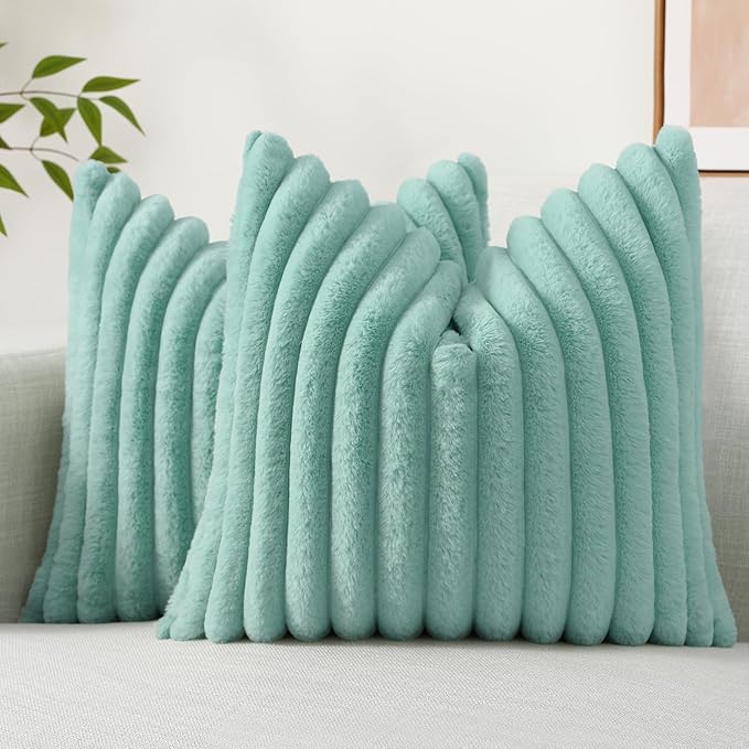 decorUhome Summer Cozy Faux Fur Throw Pillow Covers 18x18 Set of 2 Decorative Soft Plush Striped Modern Farmhouse Boho Couch Pillow Cases with Velvet Back for Sofa Bed Living Room, Aqua